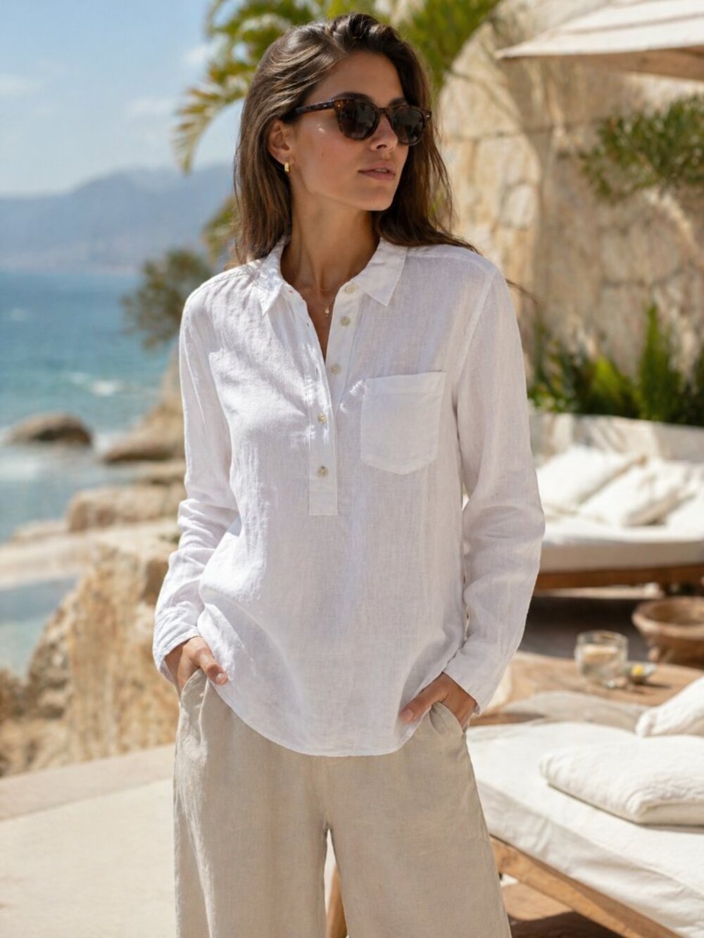 Ralph Lauren White Linen popover Shirt button Down Blouse Beachy Petite Large